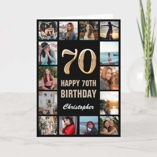 70th Happy Birthday Black and Gold Photo Collage