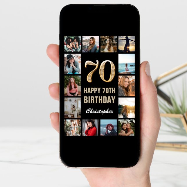 70th Happy Birthday Black and Gold Photo Collage Card (Front Digital)