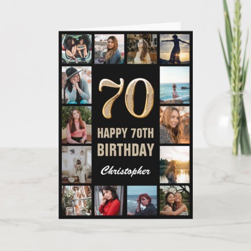 70th Happy Birthday Black and Gold Photo Collage Card