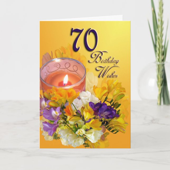 70th Happy Birthday Card - freesias and candle (Front)