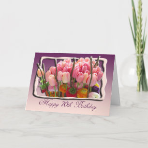 70th Happy Birthday Card - Pink tulips