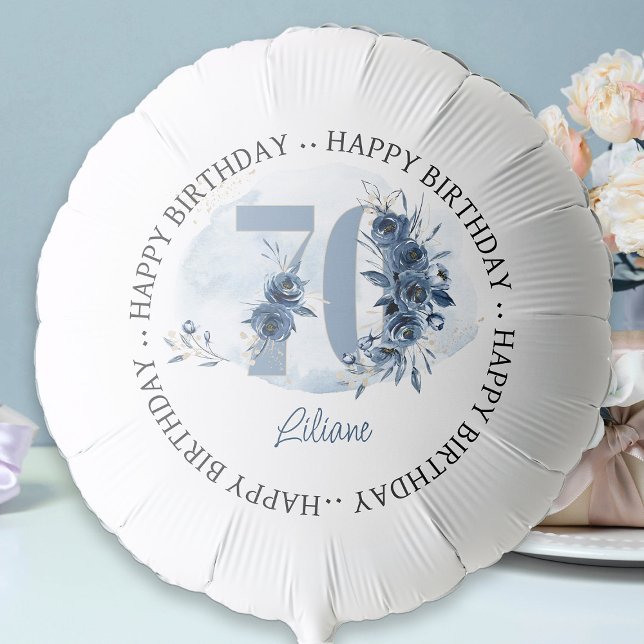 70th Happy Birthday Coastal Blue Floral Number 70 Balloon (70th Birthday Balloon with blue floral design)
