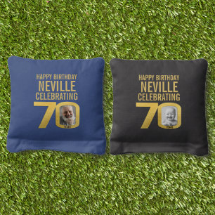 70th happy birthday gold black blue custom photo cornhole bags