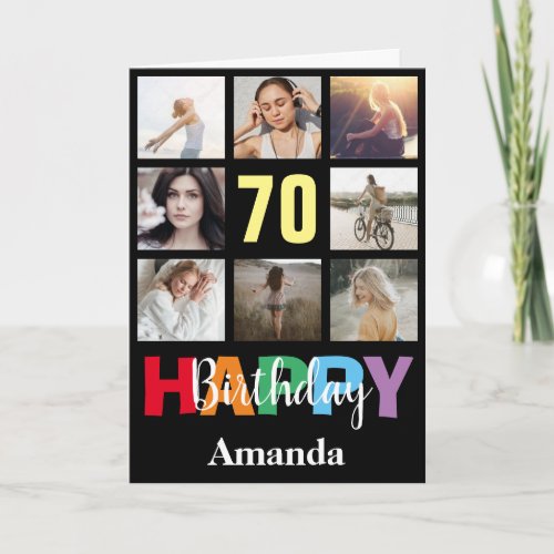 70th Happy Birthday Photo Collage Modern Black Card