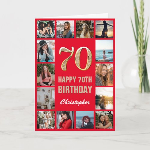 70th Happy Birthday Red and Gold Photo Collage