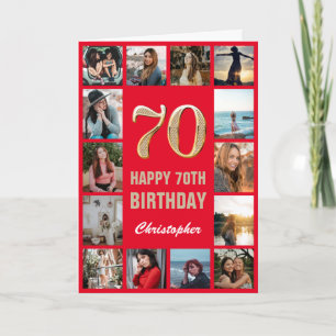 70th Happy Birthday Red and Gold Photo Collage Card