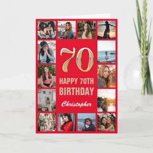 70th Happy Birthday Red and Gold Photo Collage Card