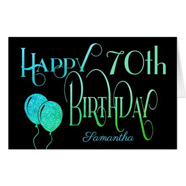 70th Happy Birthday teal Green Name Script Black Card | Zazzle