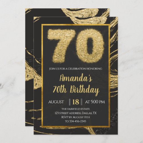 70th Marble Black  Gold Birthday Invitation