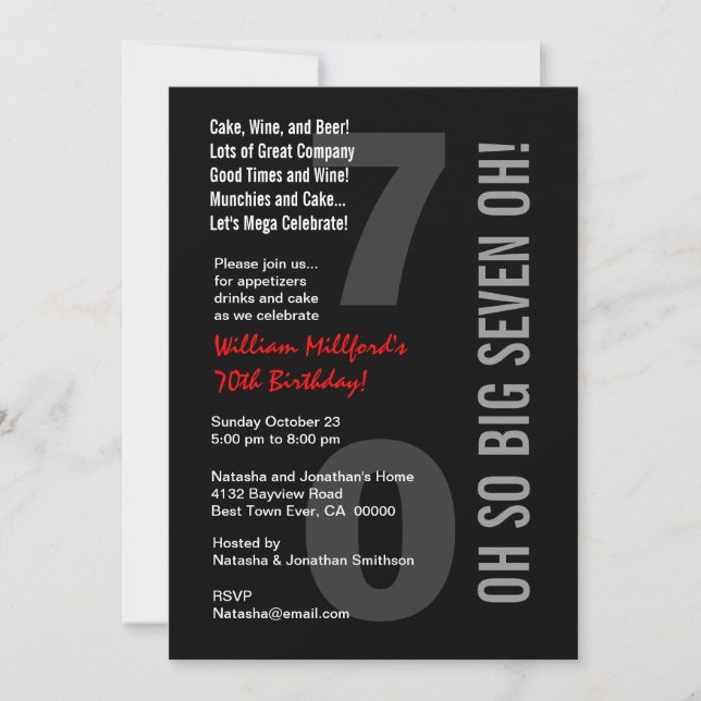 70th Modern Birthday Black Red SEVEN OH! W816 Invitation (Front)
