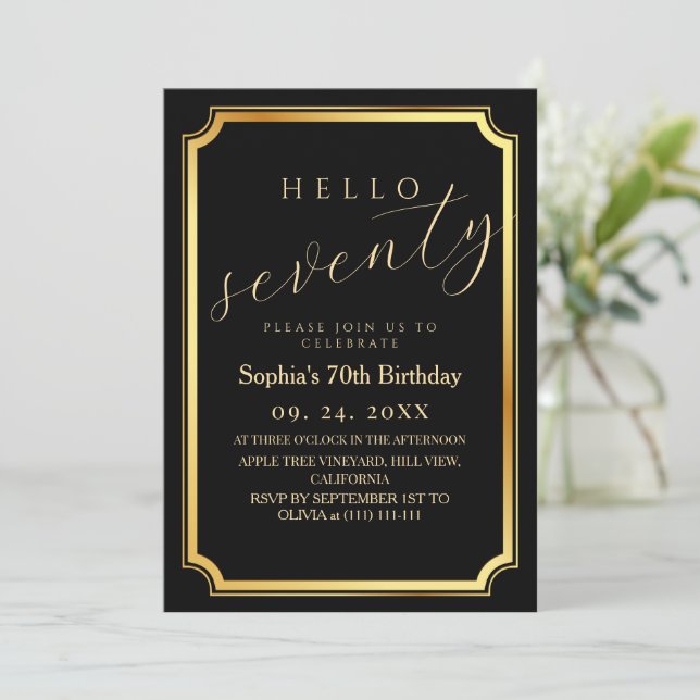 70th Modern & Minimal Black Birthday Party Invitation (Standing Front)
