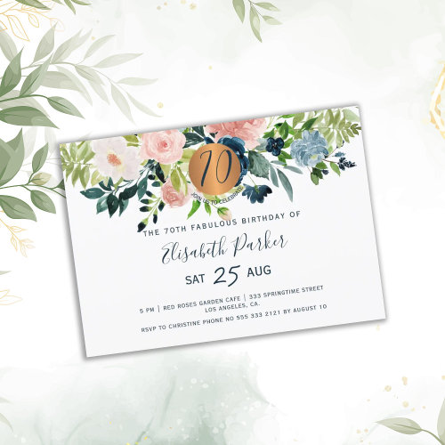 70th Modern navy floral watercolor birthday party