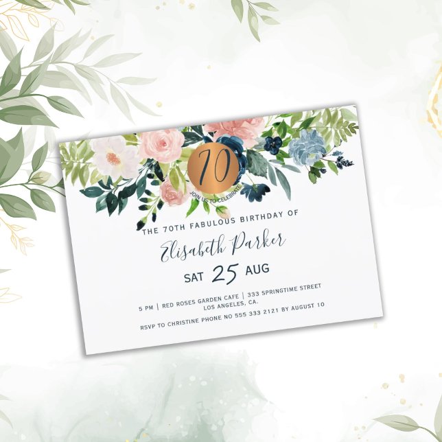 70th Modern navy floral watercolor birthday party Invitation (Creator Uploaded)