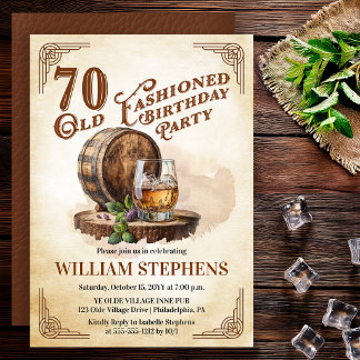 70th Old Fashioned Whiskey Barrel Birthday Party Invitation
