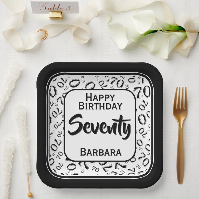 70th Party Random Number Pattern Black/White Paper Plates (Wedding)