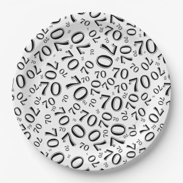 70th Party Random Number Pattern Black/White Paper Plates (Front)