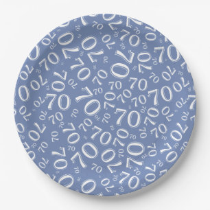 70th Party Random Number Pattern Blue/White Paper Plates