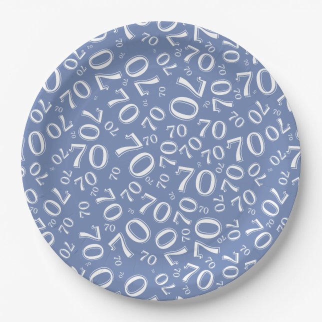70th Party Random Number Pattern Blue/White Paper Plates (Front)