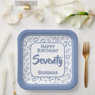 70th Party Random Number Pattern Blue/White Paper Plates