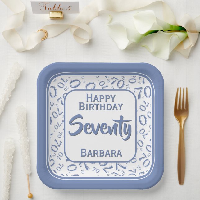 70th Party Random Number Pattern Blue/White Paper Plates (Wedding)