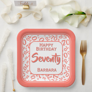 70th Party Random Number Pattern Coral/White Paper Plates
