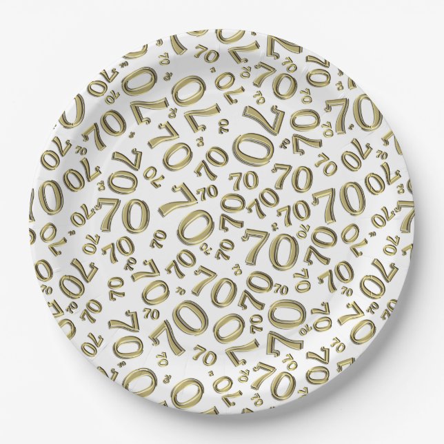 70th Party Random Number Pattern Gold/White Paper Plates (Front)