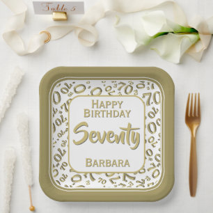 70th Party Random Number Pattern Gold/White Paper Plates