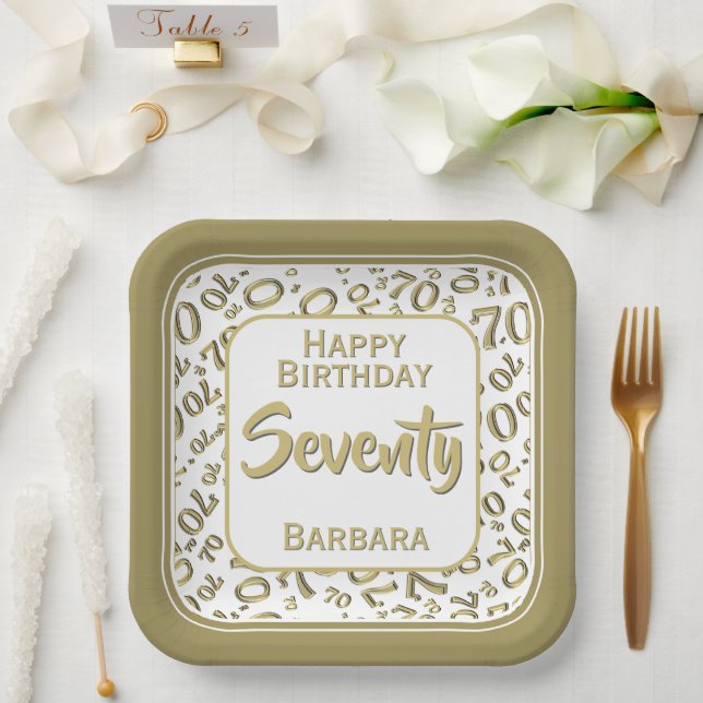 70th Party Random Number Pattern Gold/White Paper Plates (Wedding)