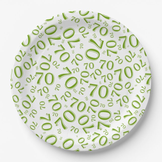  70th Party Random Number Pattern Green/White Paper Plates (Front)