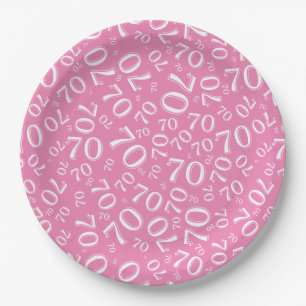 70th Party Random Number Pattern Pink/White Paper Plates