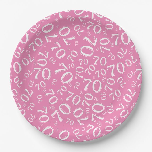 70th Party Random Number Pattern Pink/White Paper Plates (Front)