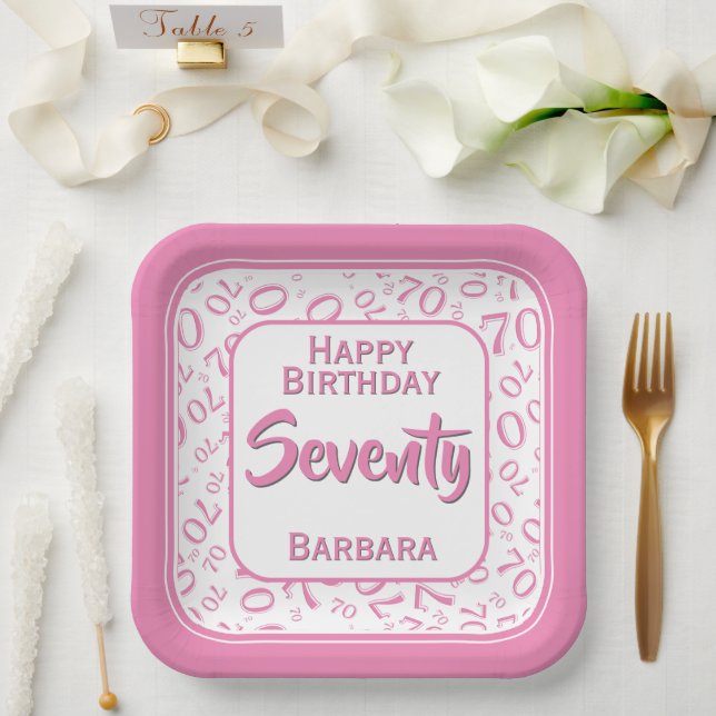 70th Party Random Number Pattern Pink/White Paper Plates (Wedding)