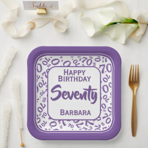 70th Party Random Number Pattern Purple/White Paper Plates