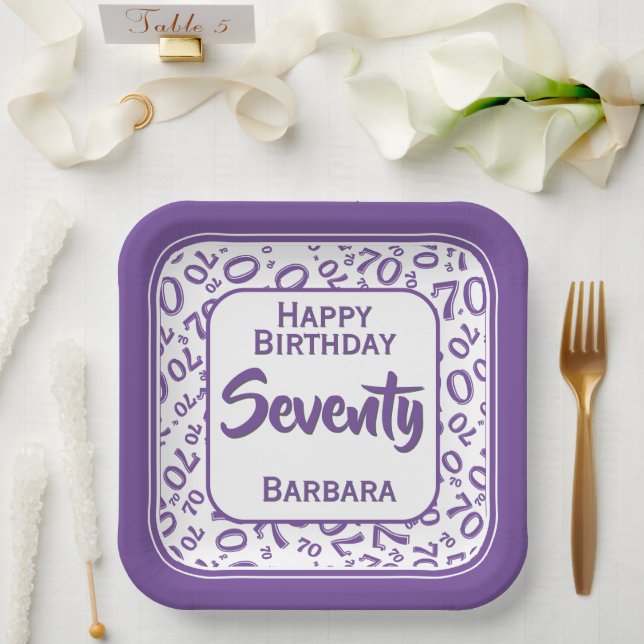 70th Party Random Number Pattern Purple/White  Paper Plates (Wedding)