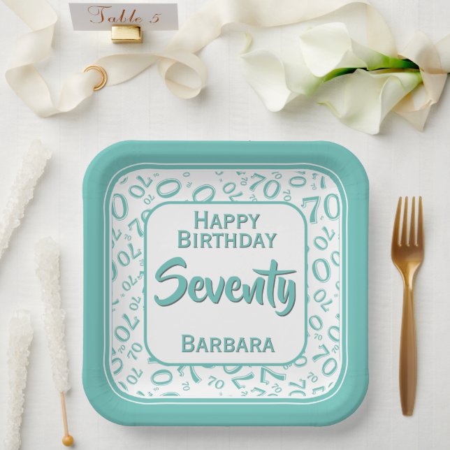 70th Party Random Number Pattern Teal/White Paper Plates (Wedding)