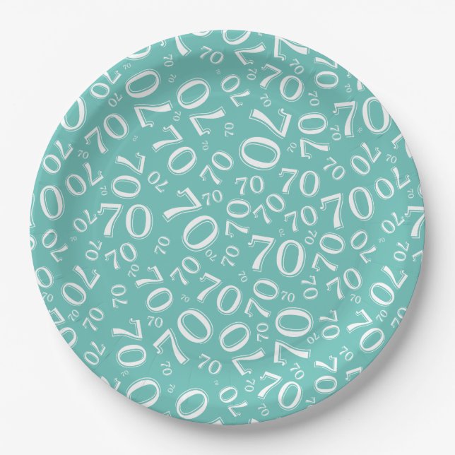 70th Party Random Number Pattern Teal/White Paper Plates (Front)
