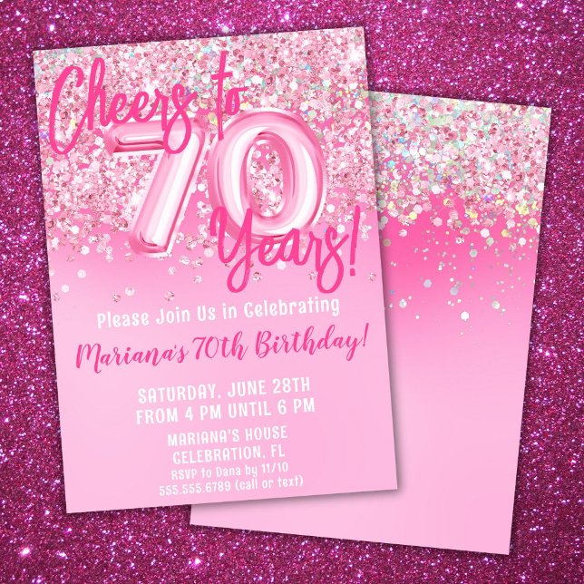 70th Pink Glitter Birthday Party Invitation (Creator Uploaded)