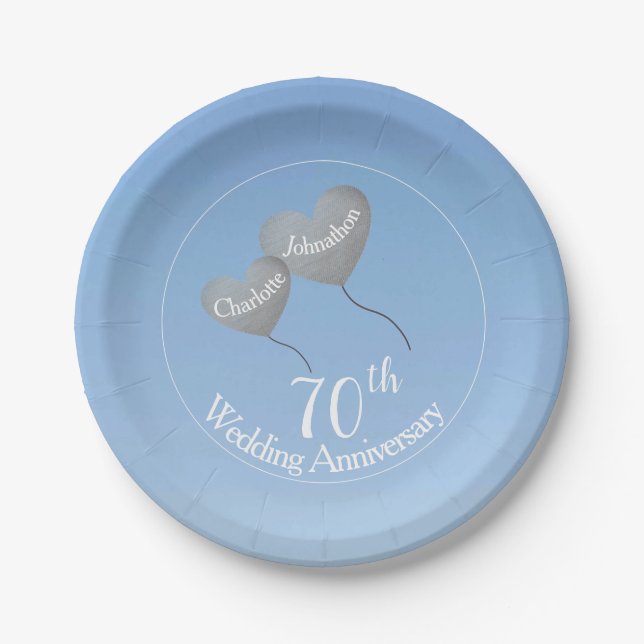 70th platinum anniversary heart balloons paper plates (Front)