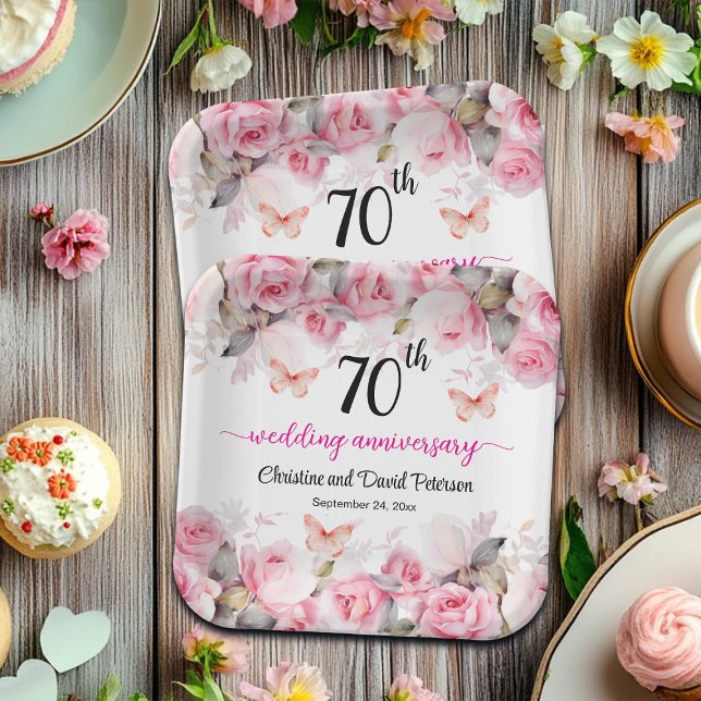 70th Platinum Wedding Anniversary Blush Roses Paper Plates (Creator Uploaded)