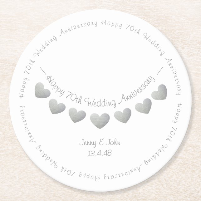 70th platinum wedding anniversary bunting round paper coaster (Front)