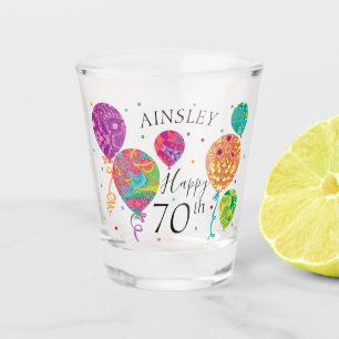 70th Purple Aqua Birthday Balloons Custom Name Shot Glass