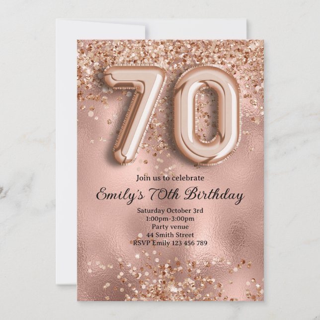 70th Rose Gold Glitter Birthday Invitation (Front)