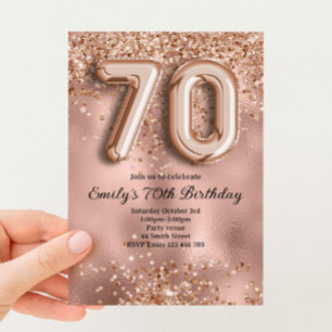 70th Rose Gold Glitter Birthday Invitation