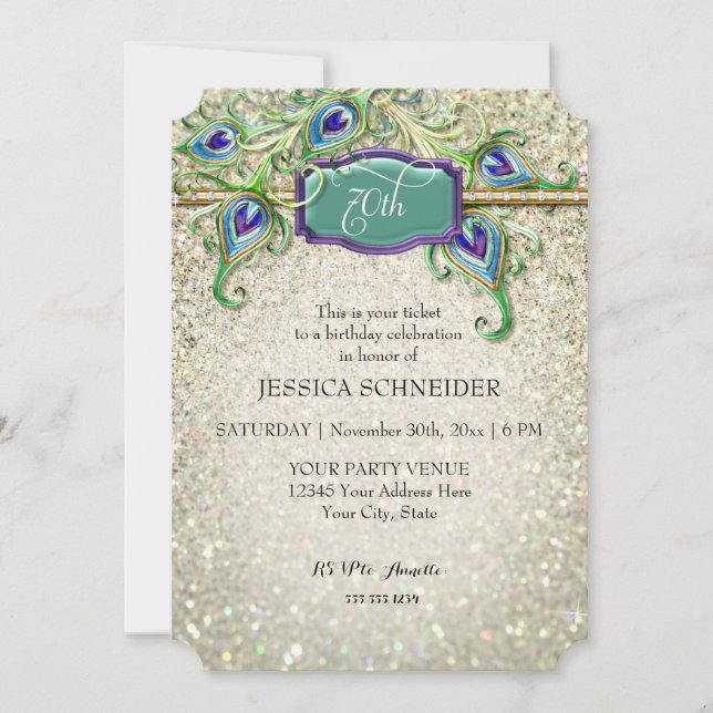 70th Seventieth Birthday Party Peacock Feather Invitation (Front)