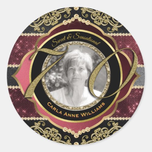 70th Seventieth Gold Ruby Diamonds Photo Frame Classic Round Sticker