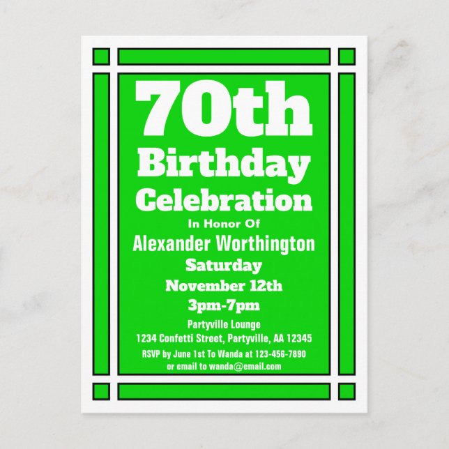 70th Simple Green Birthday Invitation Postcard (Front)