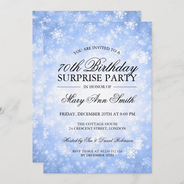 70th Surprise Birthday Blue Winter Wonderland Invitation (Front/Back)