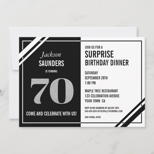 70th Surprise Birthday Modern Black White Dinner Invitation (Front)