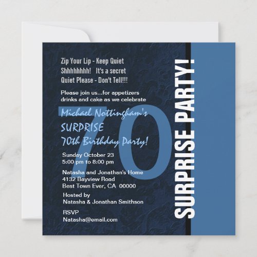 70th SURPRISE Birthday Modern Midnight Blue W102 Personalized Invites
