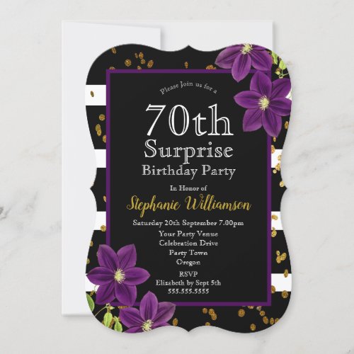 70th Surprise Birthday Party  Black and Gold Invitation